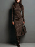 Seraphina | High Neck Long Sleeve Suede Midi Dress