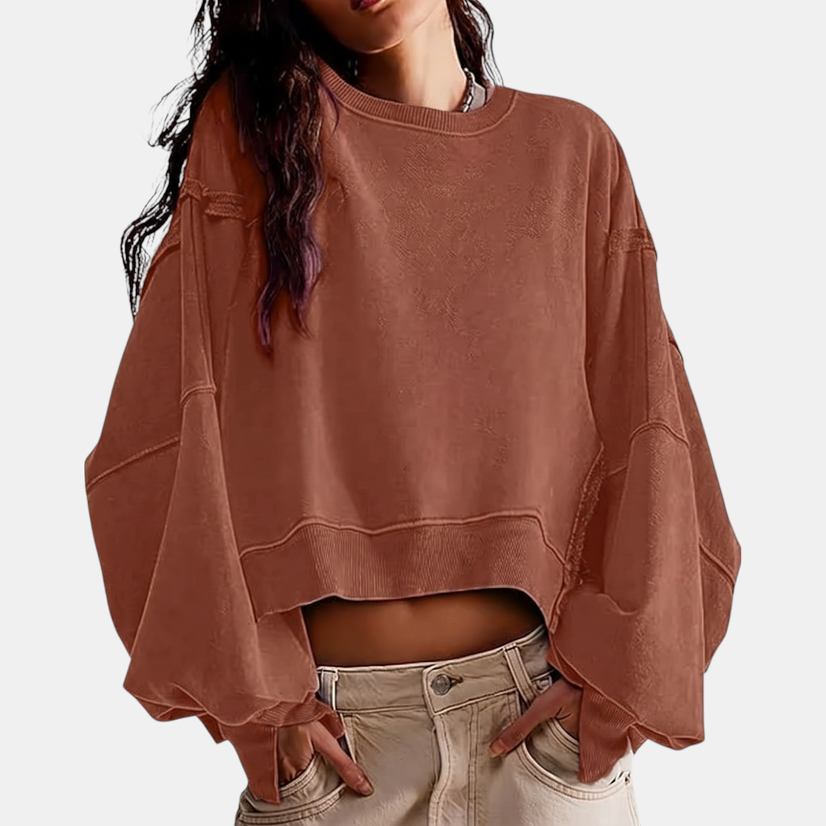 Women's Oversized Raw-Hem Cropped Sweatshirt