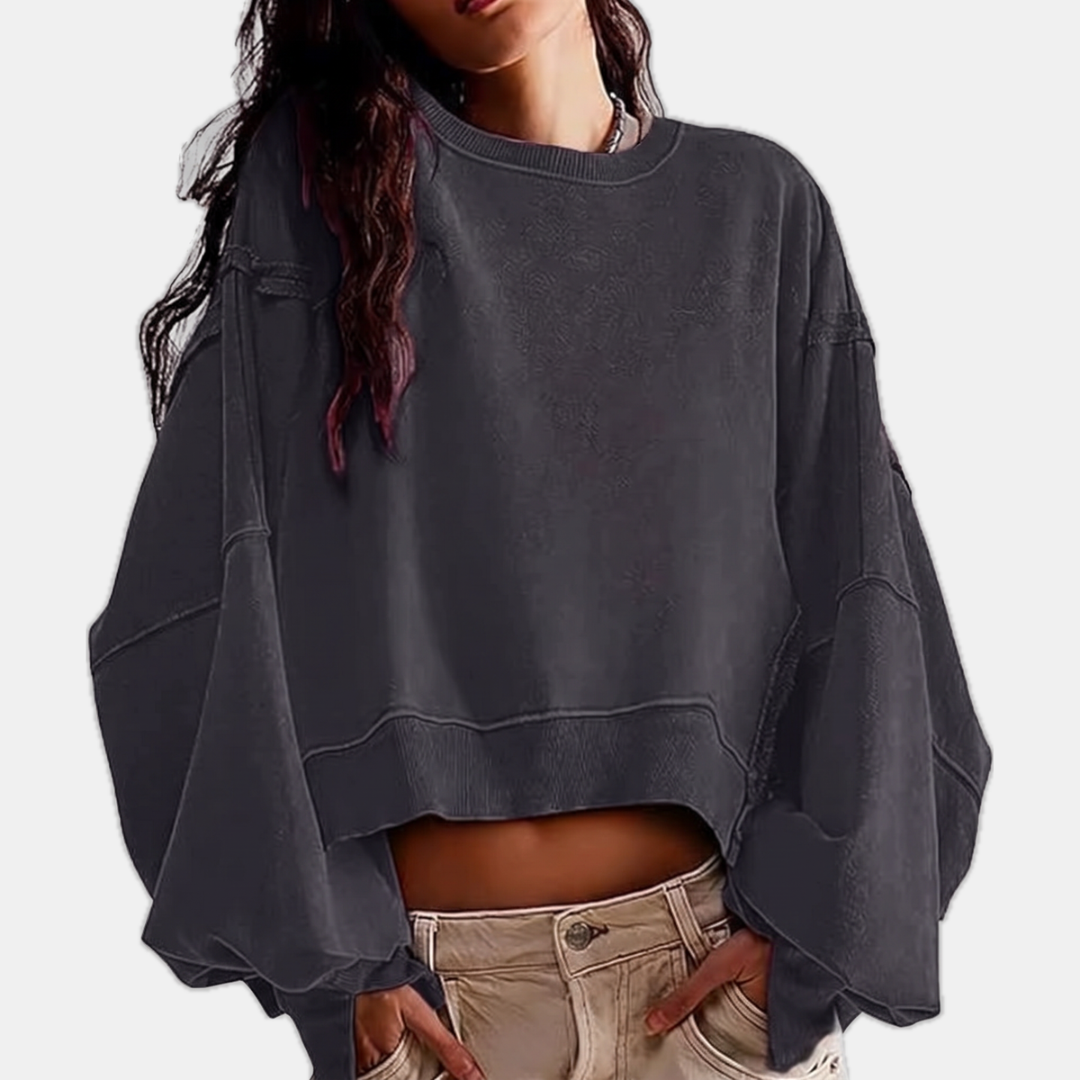 Women's Oversized Raw-Hem Cropped Sweatshirt