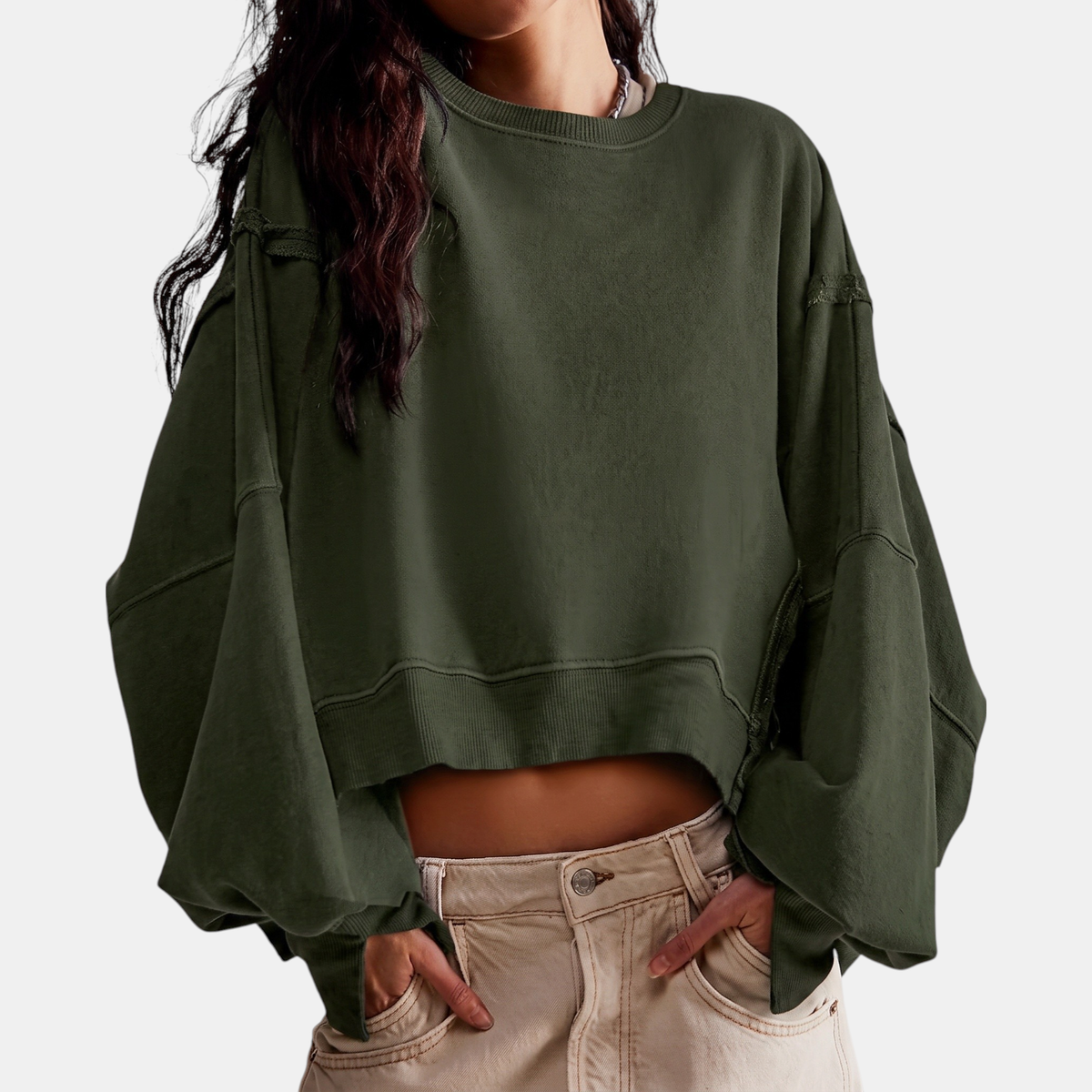 Women's Oversized Raw-Hem Cropped Sweatshirt