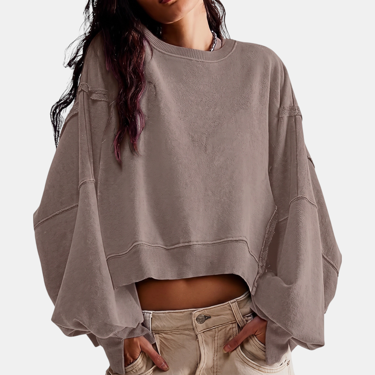 Women's Oversized Raw-Hem Cropped Sweatshirt