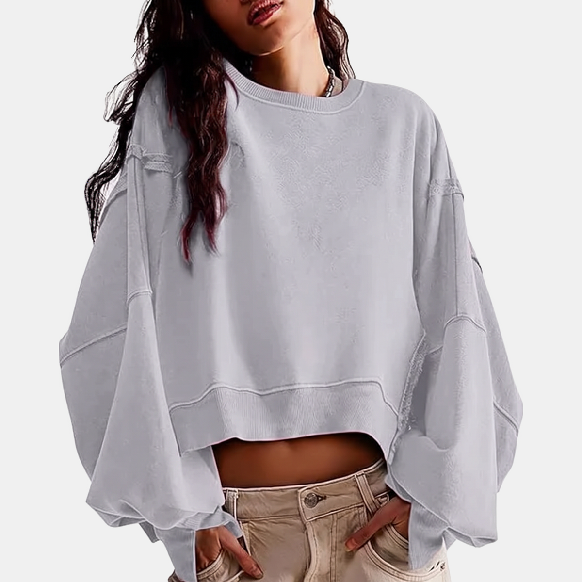 Women's Oversized Raw-Hem Cropped Sweatshirt