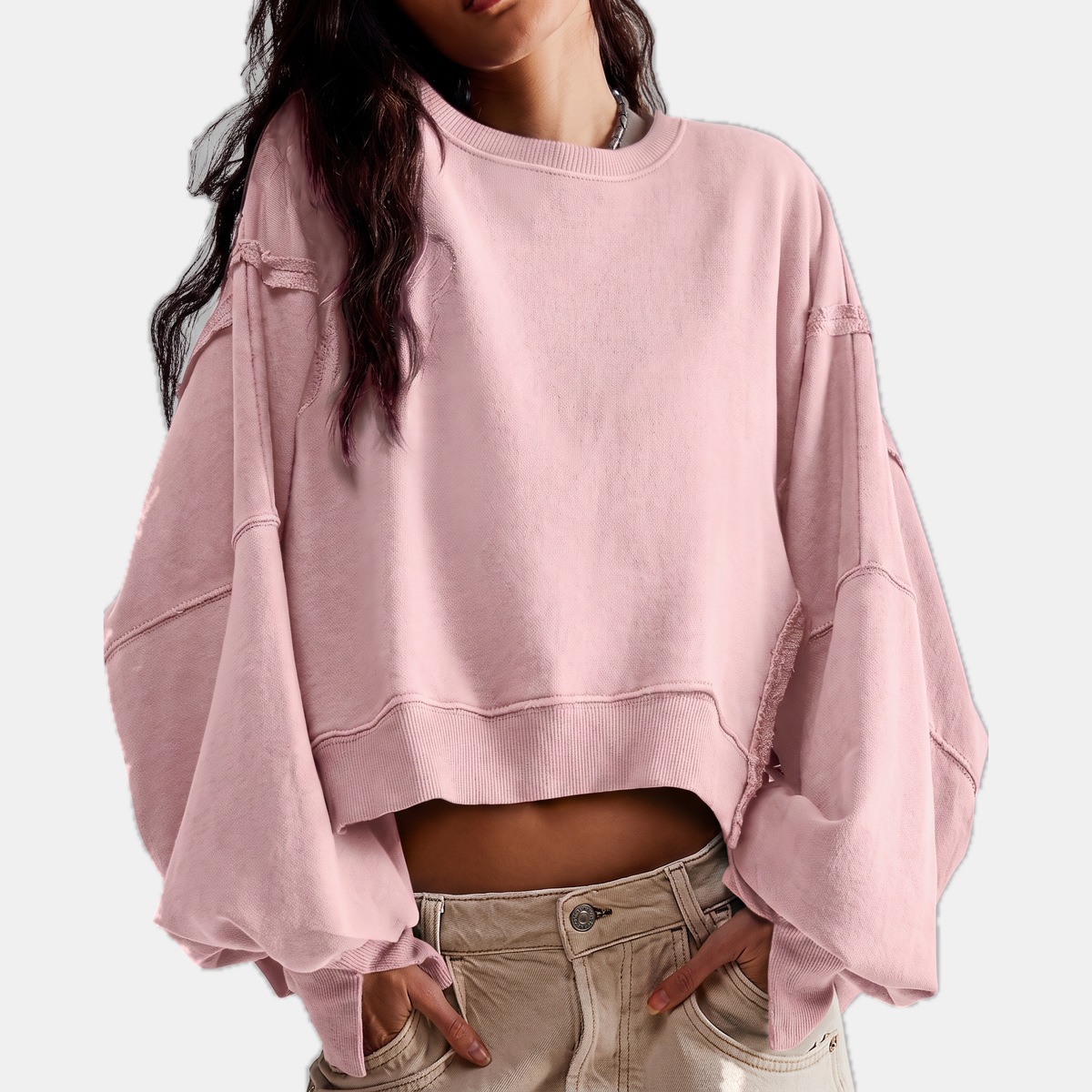 Women's Oversized Raw-Hem Cropped Sweatshirt