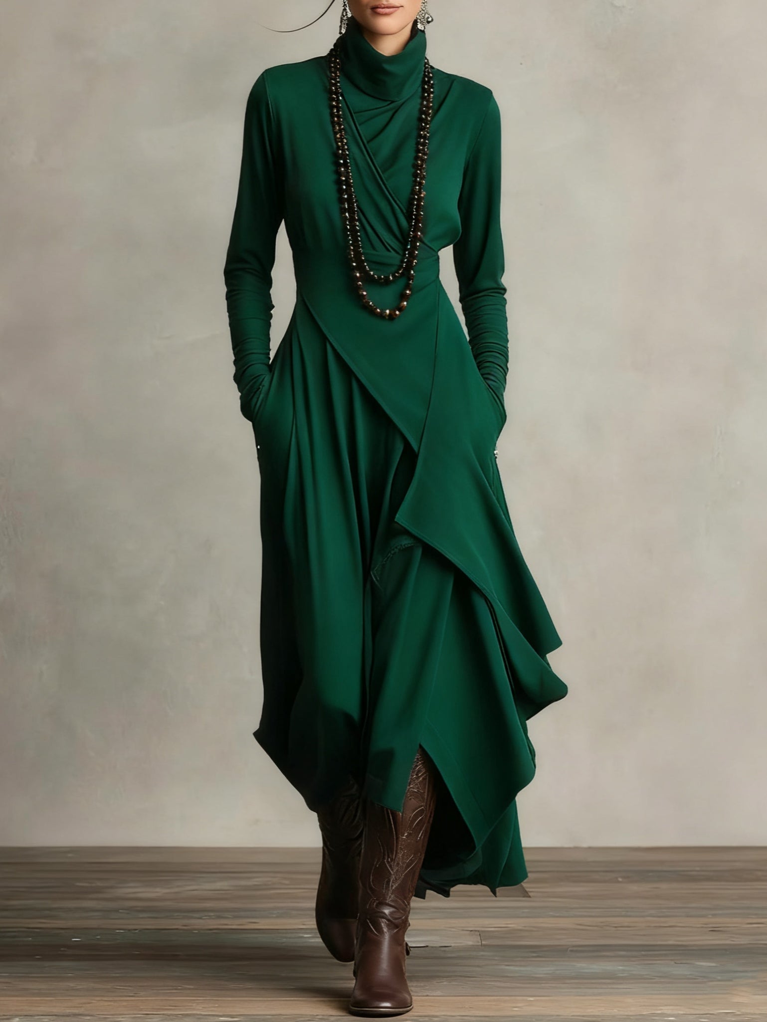 Irene | High-neck Asymmetrical Pleated Dress