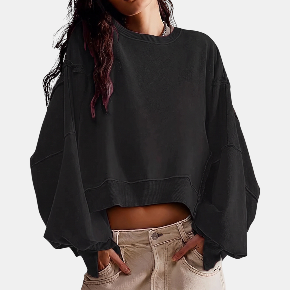 Women's Oversized Raw-Hem Cropped Sweatshirt